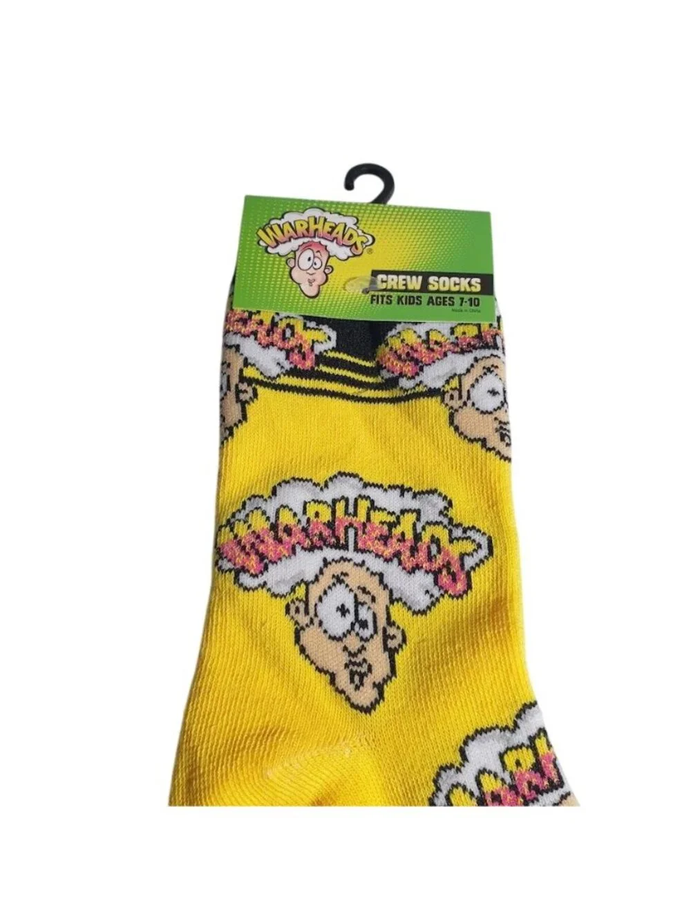 Warheads Kids 7 to10 Crew Socks Bright Yellow Black Sour Candy Logo Pattern Gift